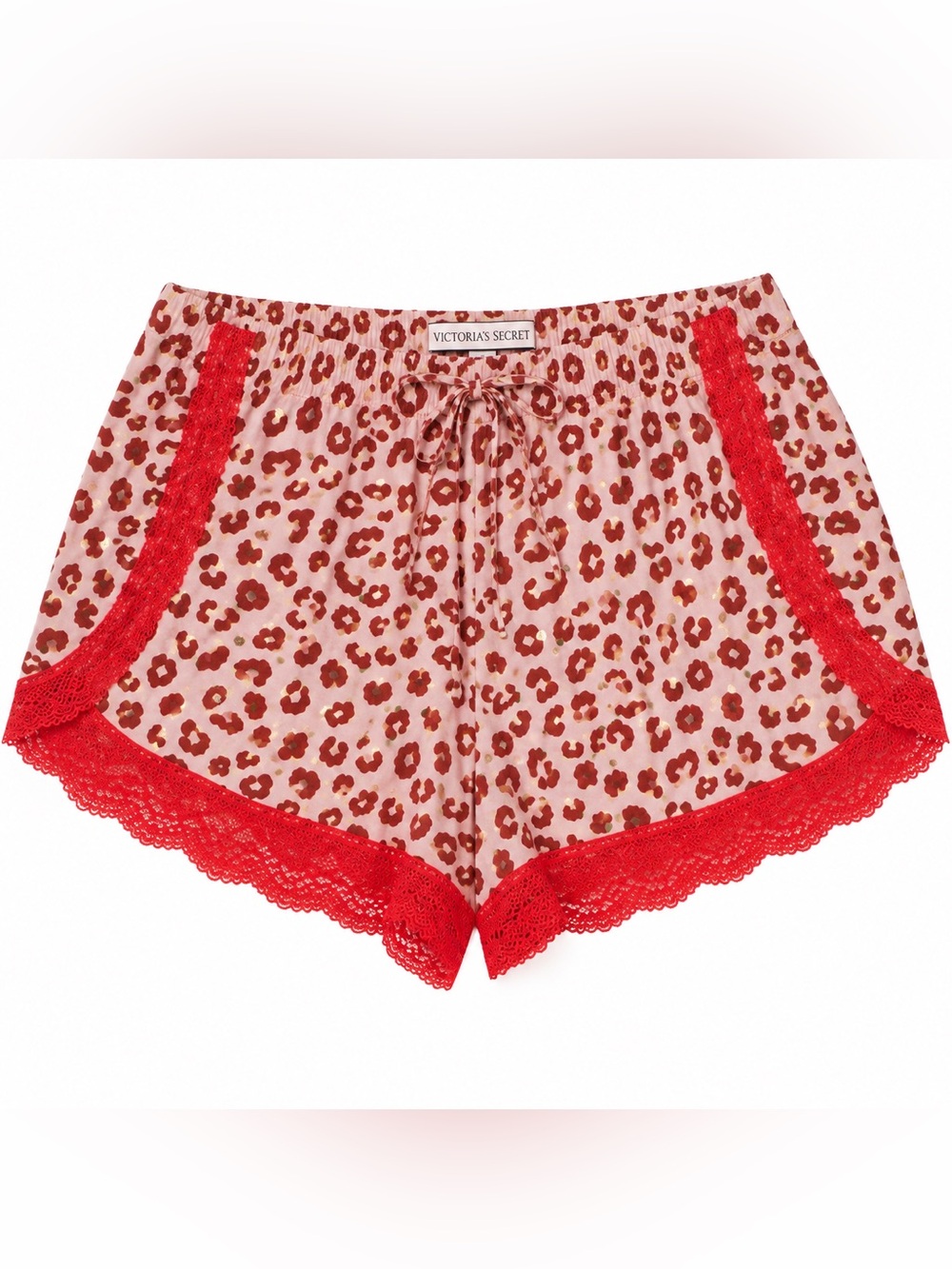 NWT - Victoria's Secret Pink and Red Leopard Satin Sleep Shorts with Red Lace